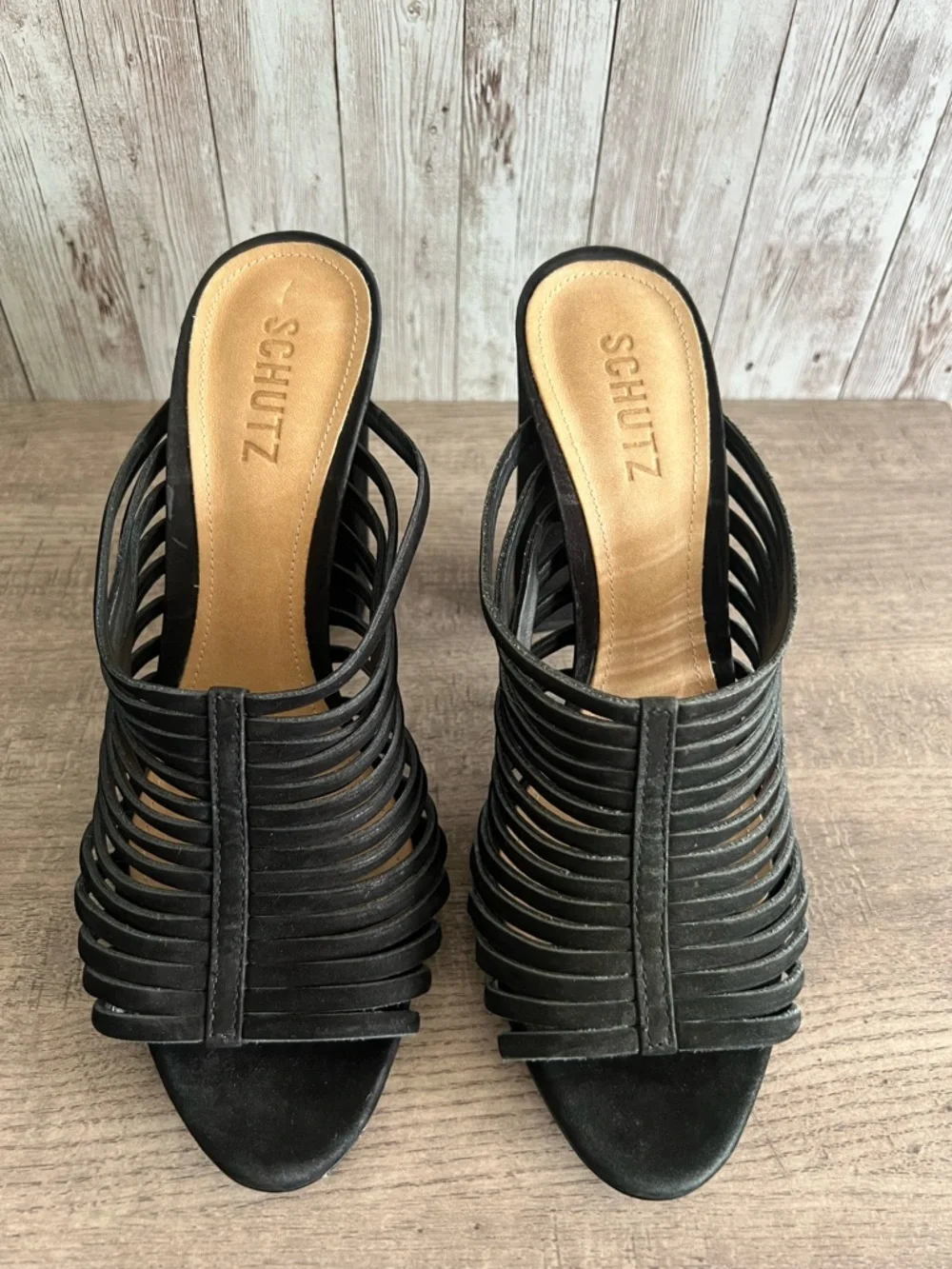 SCHUTZ Veronika Nubuck Suede Black Strappy Cage Sandals Size 9.5